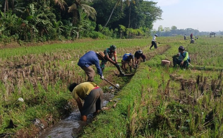 Babinsa Desa Nanggalamekar Bersama Warga Laksanakan Karya Bakti Pembersihan Saluran Irigasi
